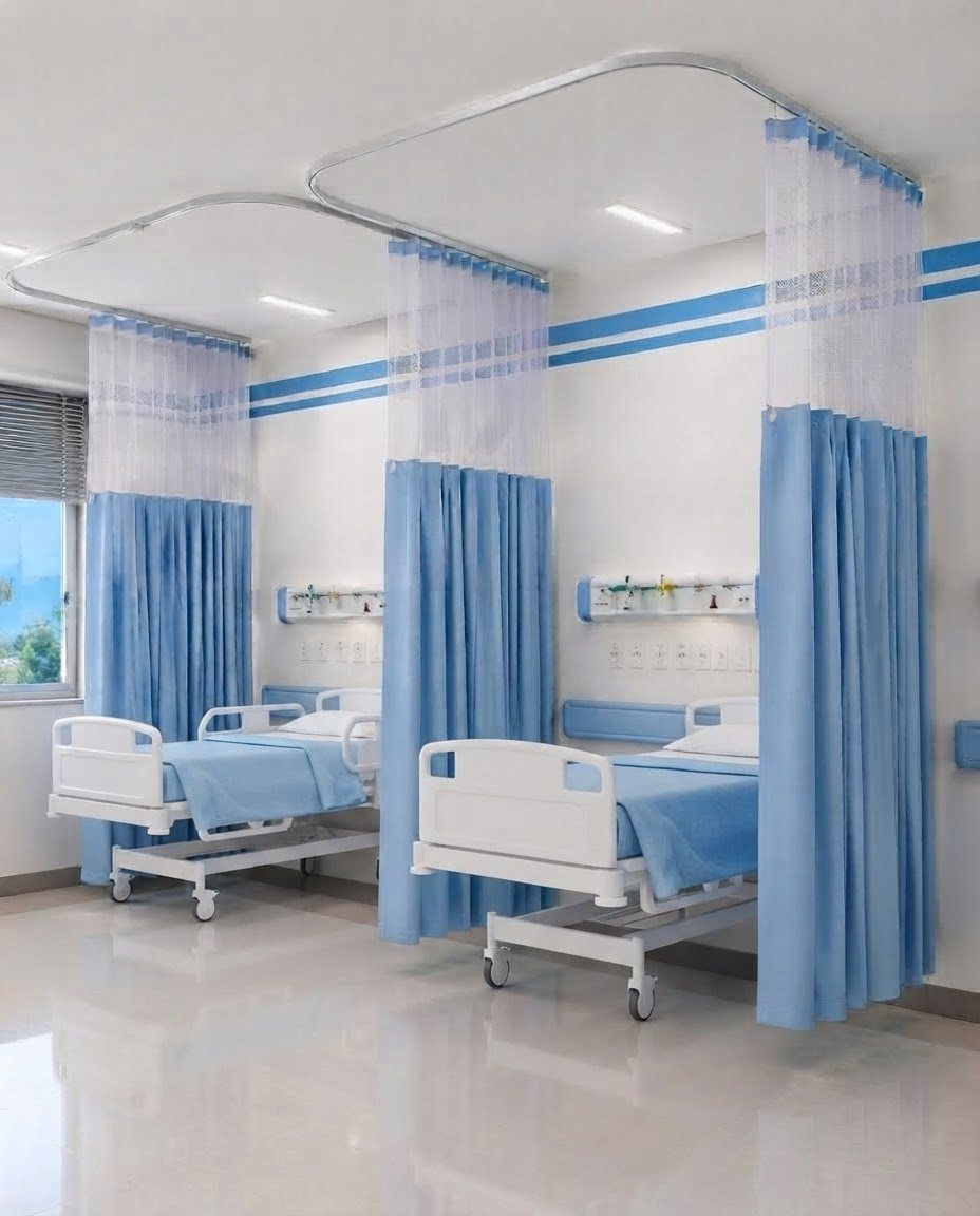 Cortina hospitalar azul com tela colmeia instalada em quarto de internação