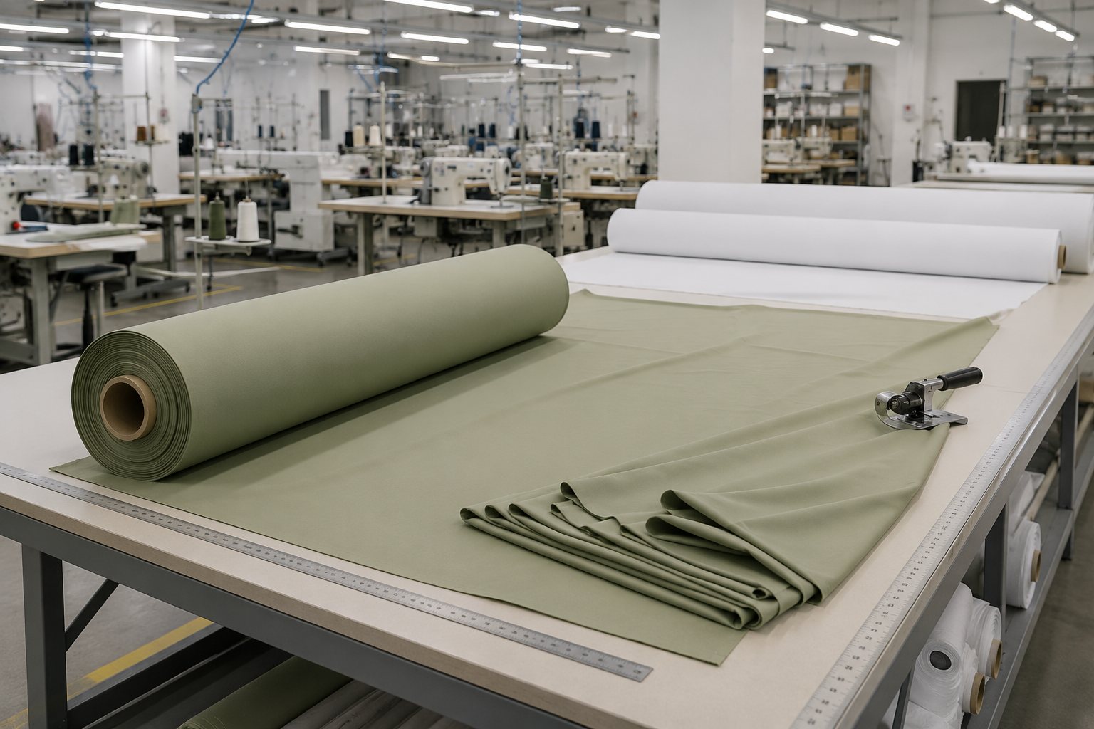 Mesa de corte industrial com rolos de tecido hospitalar na fábrica da GRANCOR